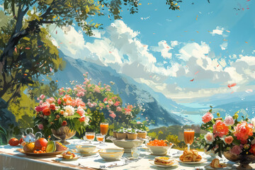 idyllic al fresco dining setup with mountain landscape and floral decor - obrazy, fototapety, plakaty