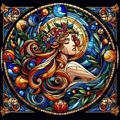 A captivating stained glass artwork portraying a goddess reminiscent of Aphrodite, adorned with a floral wreath and surrounded by mosaic elements in vibrant hues