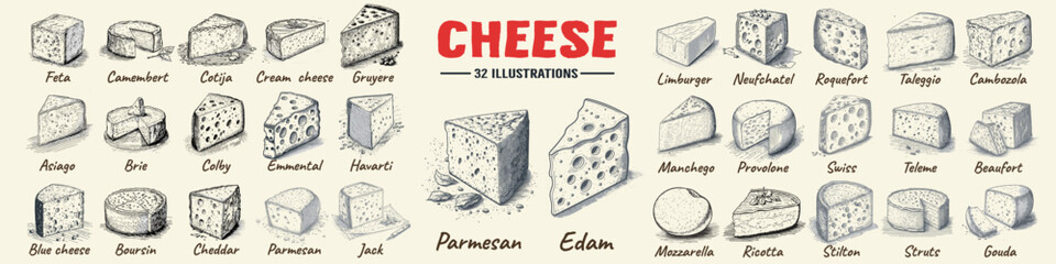 Hand drawn pieces of cheese.Vector set of realistic outline dairy products. Isolated curds collection used for logo design, recipe book, advertising cheese or restaurant menu. - obrazy, fototapety, plakaty