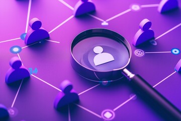 Human Resources Concept, Magnifier, And People Icon On Purple background, we are hiring background, job vacancy, now hiring, looking for an employee, searching an employee, job available 