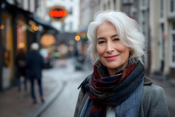 Fototapeta premium Attraktive lächelnde, weißhaarige, reife Frau posiert, Straßenfotografie, Frau blickt in die Kamera, Konzept natürliche Schönheit