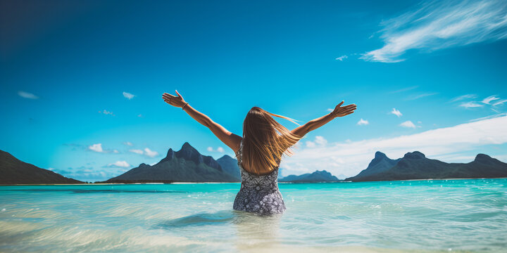 A back view of the beautiful young brunette happy woman in the sea, sun and vaccation.