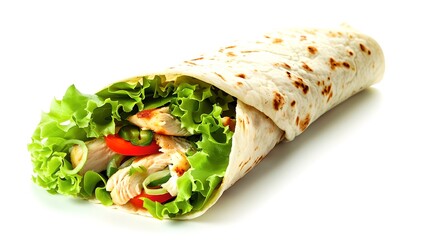 Fresh chicken wrap with vegetables on white background. Healthy meal option, perfect for quick lunch. Simple, nutritious, and delicious. AI