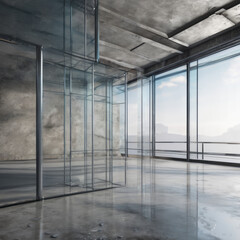 Modern glass office space overlooking the lake in the early morning