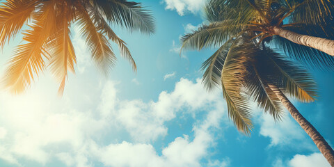 A  view from below for the palms and blue sky with white clouds.