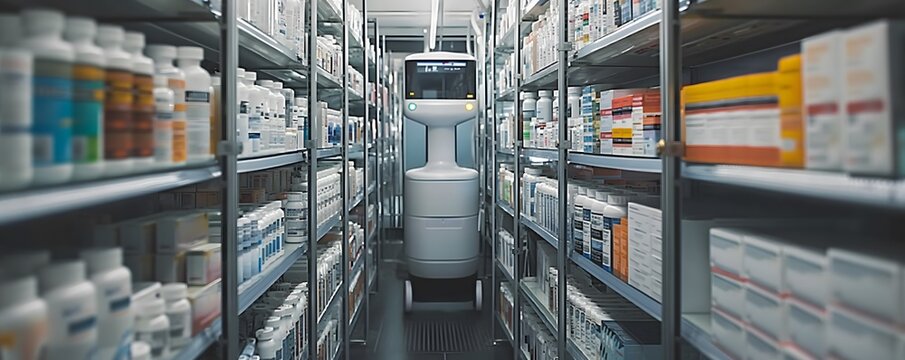 Schmaler Apothekengang, flankiert von hohen Regalen voller Medikamentenboxen. Ein Apothekenroboter navigiert durch die Apotheken und sorgt f&uuml;r eine effiziente und pr&auml;zise Medikamentenbeschaffung