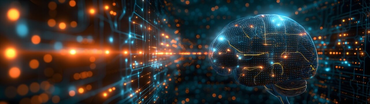 K&uuml;nstliche Intelligenz, Menschliches Gehirn verkn&uuml;pft mit neuronalen Netzen und Schaltkreisen und Computerchips, Konzept Maschinenlernen