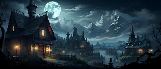 Fantasy landscape with a village at night. Panoramic illustration.