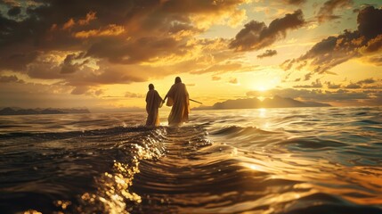 A surreal scene of Jesus walking on the water with Peter AI generated illustration - obrazy, fototapety, plakaty