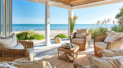 A tranquil beach house with wicker furniture and ocean views AI generated illustration - obrazy, fototapety, plakaty