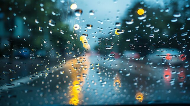 Raindrops on car window reveal road ahead during a rainy drive, enhancing visibility for safe travel