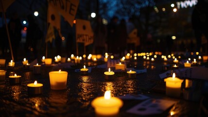 Candlelight vigil at dusk with people holding signs
