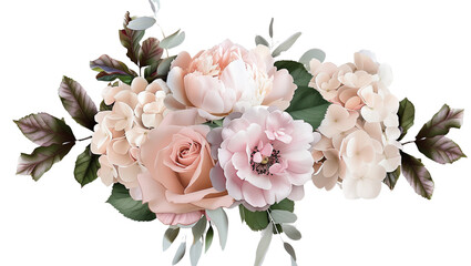 pink flower bouquet with dusty pink and cream roses, peonies, hydrangeas, and tropical leaves. Spring bouquets isolated on a transparent background. PNG, cutout, or clipping path