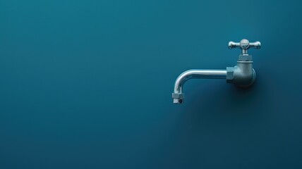 Silver faucet with no water flow against blue background