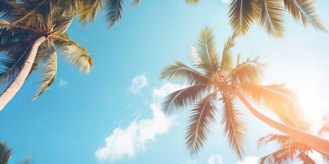 A  view from below for the palms and blue sky with white clouds.