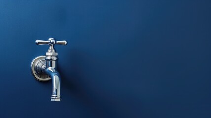Fototapeta premium Silver tap against blue background with space on right