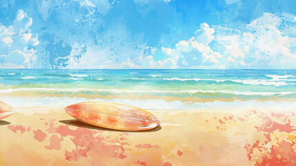 Surfboard on sandy tropical beach. Ocean waves at the background