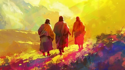 A vibrant scene of Jesus walking with his disciples on the road to Emmaus AI generated illustration