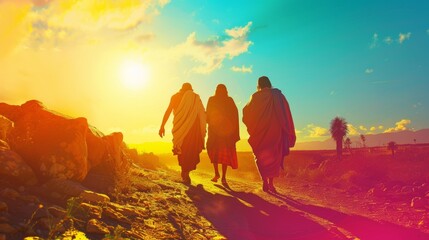 A vibrant scene of Jesus walking with his disciples on the road to Emmaus AI generated illustration