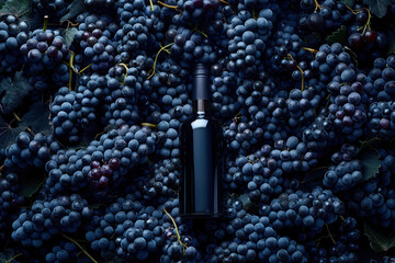 sleek wine bottle nestled in a bed of ripe grapes with vine leaves, top view , comercial ad - obrazy, fototapety, plakaty