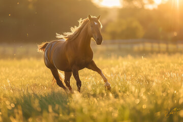 graceful mare galloping  horse in golden hour light in pastoral setting - obrazy, fototapety, plakaty
