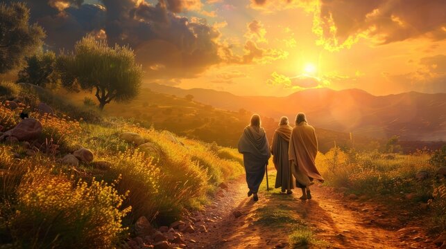 A vibrant scene of Jesus walking with his disciples on the road to Emmaus AI generated illustration