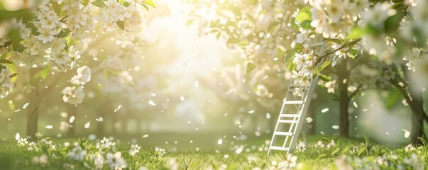 Ethereal Spring Orchard Scene with Ladder and Fluttering Blossoms