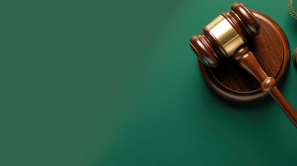 Wooden gavel on green surface, symbolizing law and justice - obrazy, fototapety, plakaty