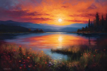 a painting of the sunset over a lake with grass and wild flowers