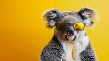 Cute koala bear with trendy sunglasses yellow background.