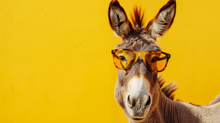 elegant donkey with sunglasses against a bright yellow background