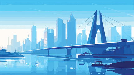 City bridge over water bay vector illustration. Car