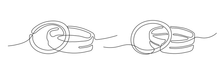Wedding rings shape drawing by continuos line, thin line design vector illustration. Editable stroke