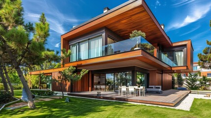 An architecturally stunning villa with a wooden facade and pine tree landscaping AI generated illustration