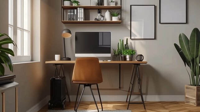 An artwork of a sleek desk in a workspace with minimalist decor AI generated illustration