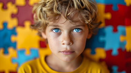 Portrait of a cute kid with colorful puzzle pieces, representing autism spectrum disorder concept on world autism awareness day