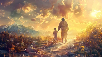 Foto op Plexiglas Jesus walking with a kid. Artistic composite image. Rear view. Conceptual  illustration © Ibad