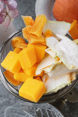 candied fruits. Dried pumpkin, mango and melon, snacks prepared for future use. A light sweet snack made from dehydrated vegetables and fruits.