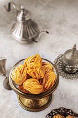 Muslim holiday sweets. Moroccan chebakia, chak-chak and handmade nath. Homemade Muslim sweet baked goods - 791132169