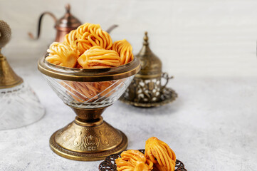 Muslim holiday sweets. Moroccan chebakia, chak-chak and handmade nath. Homemade Muslim sweet baked goods. - 791132182