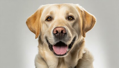 Portrait of a blond labrador retriever dog looking at the camera with a big smile isolated