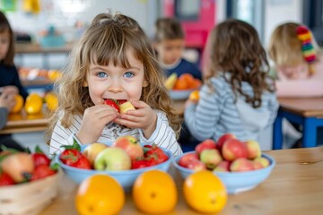 Fototapeta premium A cute young girl with blue eyes and curly hair is happily biting into a juicy strawberry during snack time