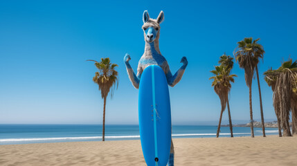 strong Lama is holding a surfboard under palm trees on the beach