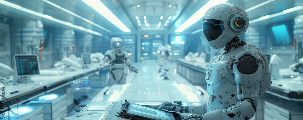 Poster futuristic robotics lab with advanced humanoid robot overseeing operations