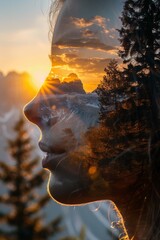 A woman's face with mountains in the background and sun setting, AI
