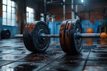 A close-up of a barbell loaded with weight plates on a wet gym floor, implying a recent intense workout session