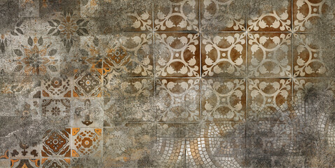 Old brown gray rusty vintage worn shabby patchwork floral flower leaves motif tiles stone concrete cement wall texture background banner
