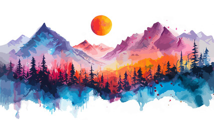 Berge Landschaft Mountains Wald Outdoor Silhouette Wasserfarben Natur Sonnenuntergang Alpen - obrazy, fototapety, plakaty