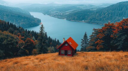   A tiny red house atop a verdant hillside, nestled by a lake amidst a forest