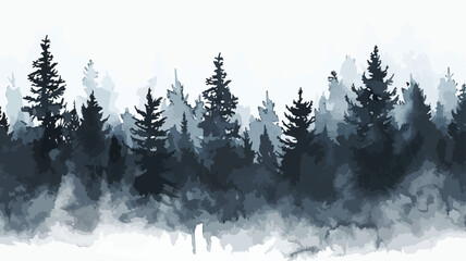 Wald Bäume Winterlich Wasserfarben Tannen Panorama Landschaft Natur Vektor - obrazy, fototapety, plakaty